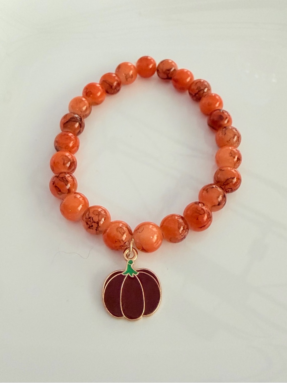 Orange Beaded Stretch Bracelet with Pumpkin Charm